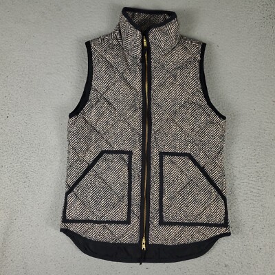 J Crew Vest Womens Size XXS Beige Black Herringbone Quilted Puffer Full Zip Up
