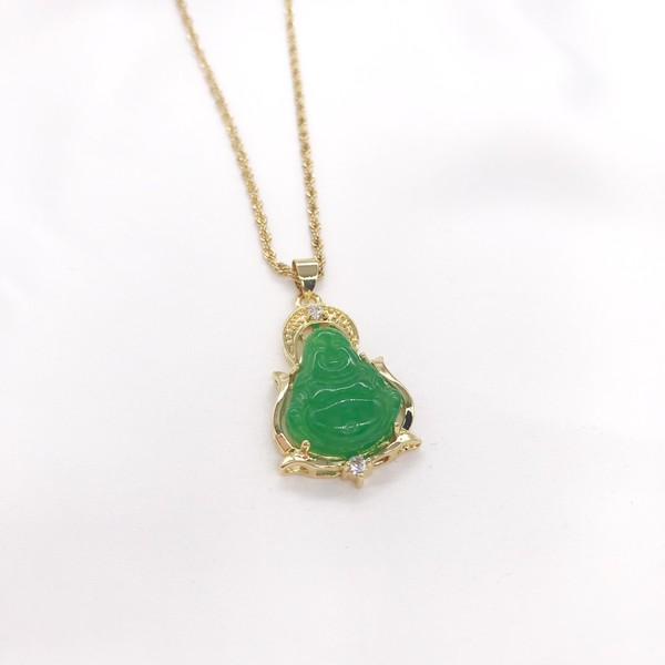 Alternate view of Good Fortune Wisdom Gold Plated Jade Laughing Buddha Pendant Necklace,