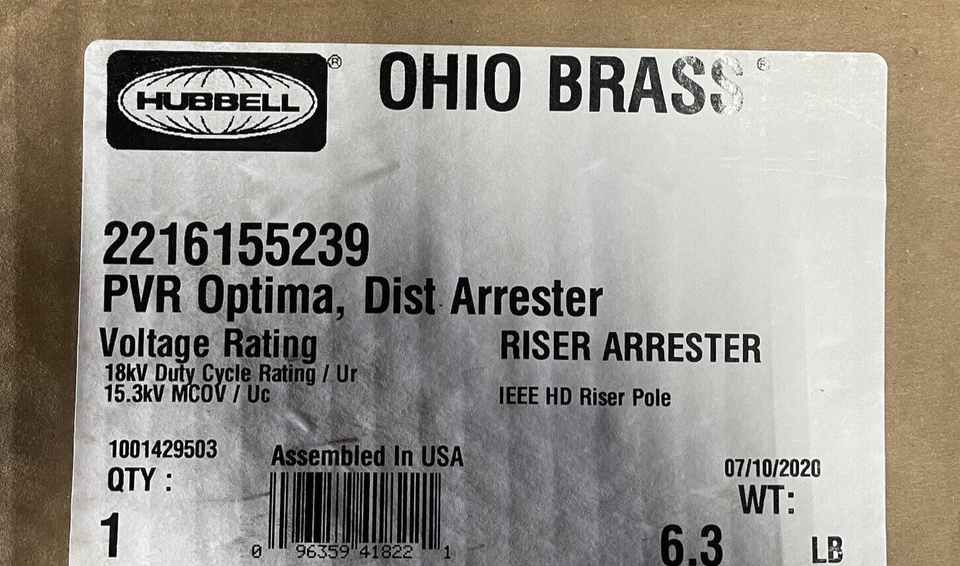 OHIO BRASS, DIST ARRESTER, RISER, HPS, PVR OPTIMA, 18kV, 15.3kV MCOV ...