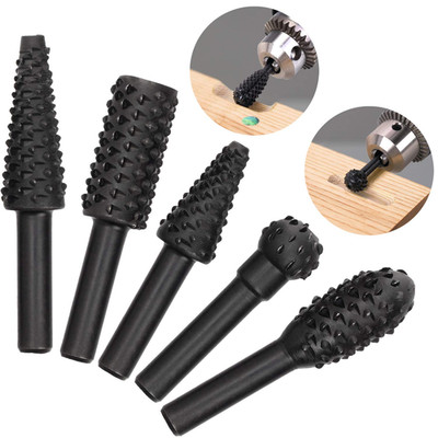 5 PCS Woodworking Twist Drill Bits, Wood Carving File Rasp Drill Bit, with 1/4'' 