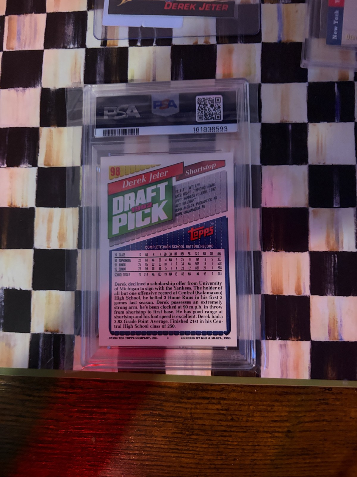 1993 Topps Gold Derek Jeter #98 RC Rookie Draft Pick PSA 9 NY Yankees view 2