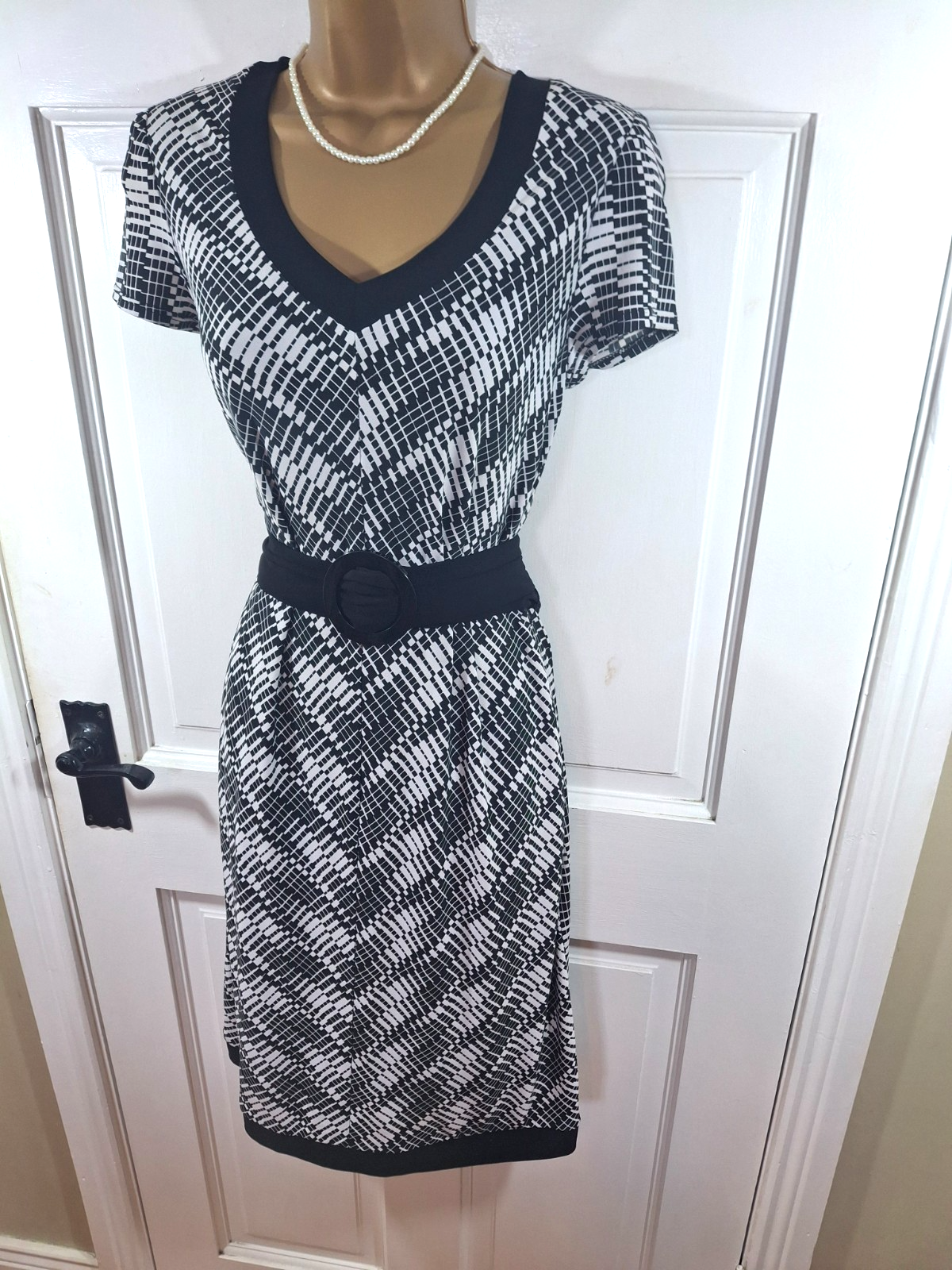 Joseph Ribkoff Black & White Patterned Lined Belted Dress, UK 14, Perfect Cond