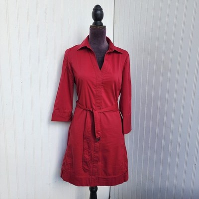 Elie Tahari Women's Burgundy Button Front Shirtdress Midi Dress 3/4 Slv Belt L