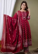 Curvique Women's Rayon Printed Anarkali Kurta Pant Dupatta Set S-3XL