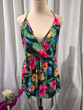 Multicolor Floral V-Neck Halter Backless Tie Sleeveless Romper M