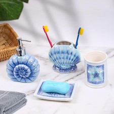 Coastal Ceramic Bathroom Accessory Set 4 Piece Seashell  Starfish Decor