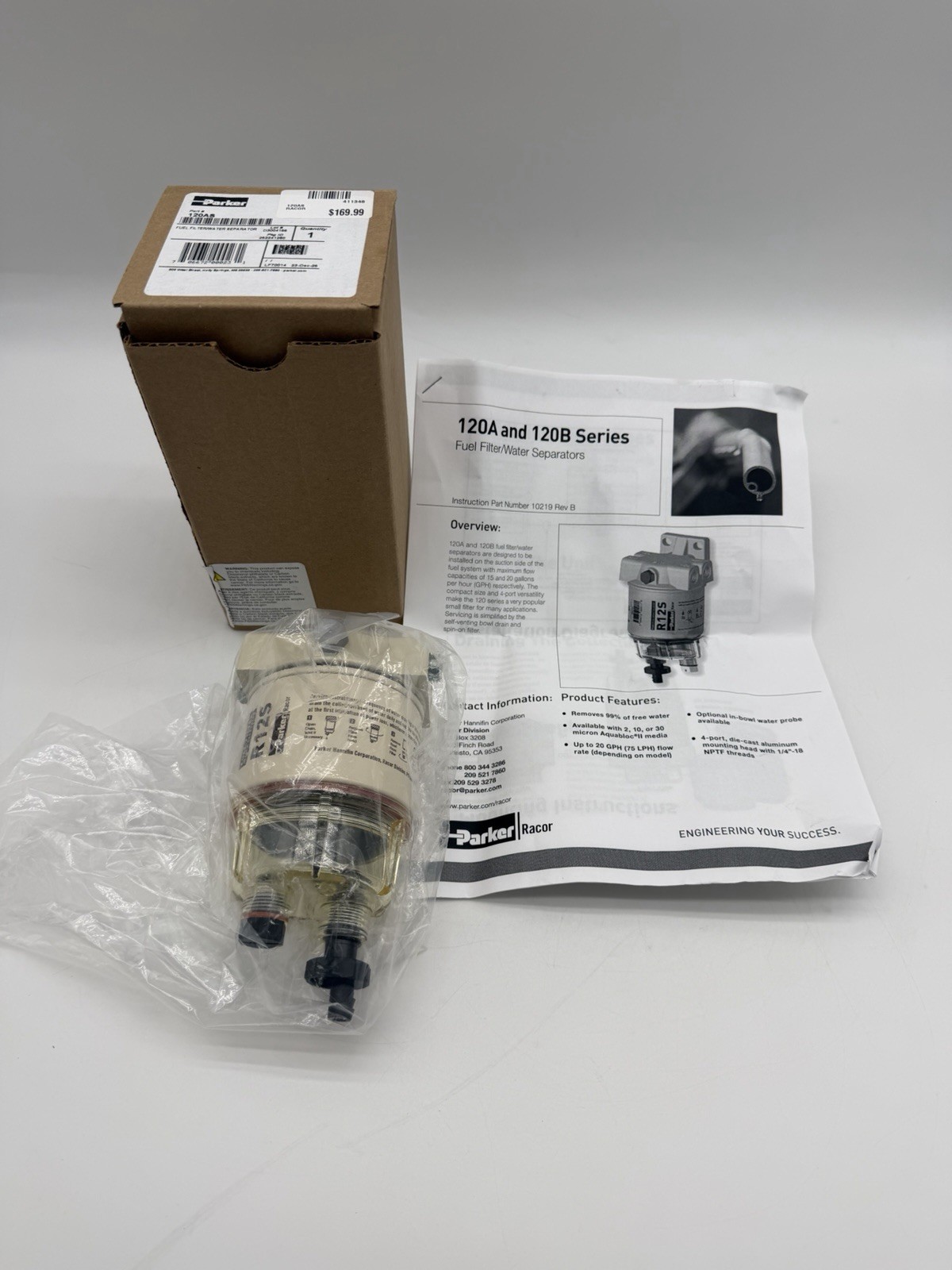 Parker Racor 120AS Diesel Fuel Filter Water Separator with R12S 2-Micron Element