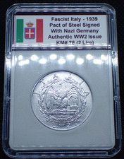 Beautiful Fascist Italy WW2 *1939* Coin 2 Lire in Case Pact of Steel Year KM 78