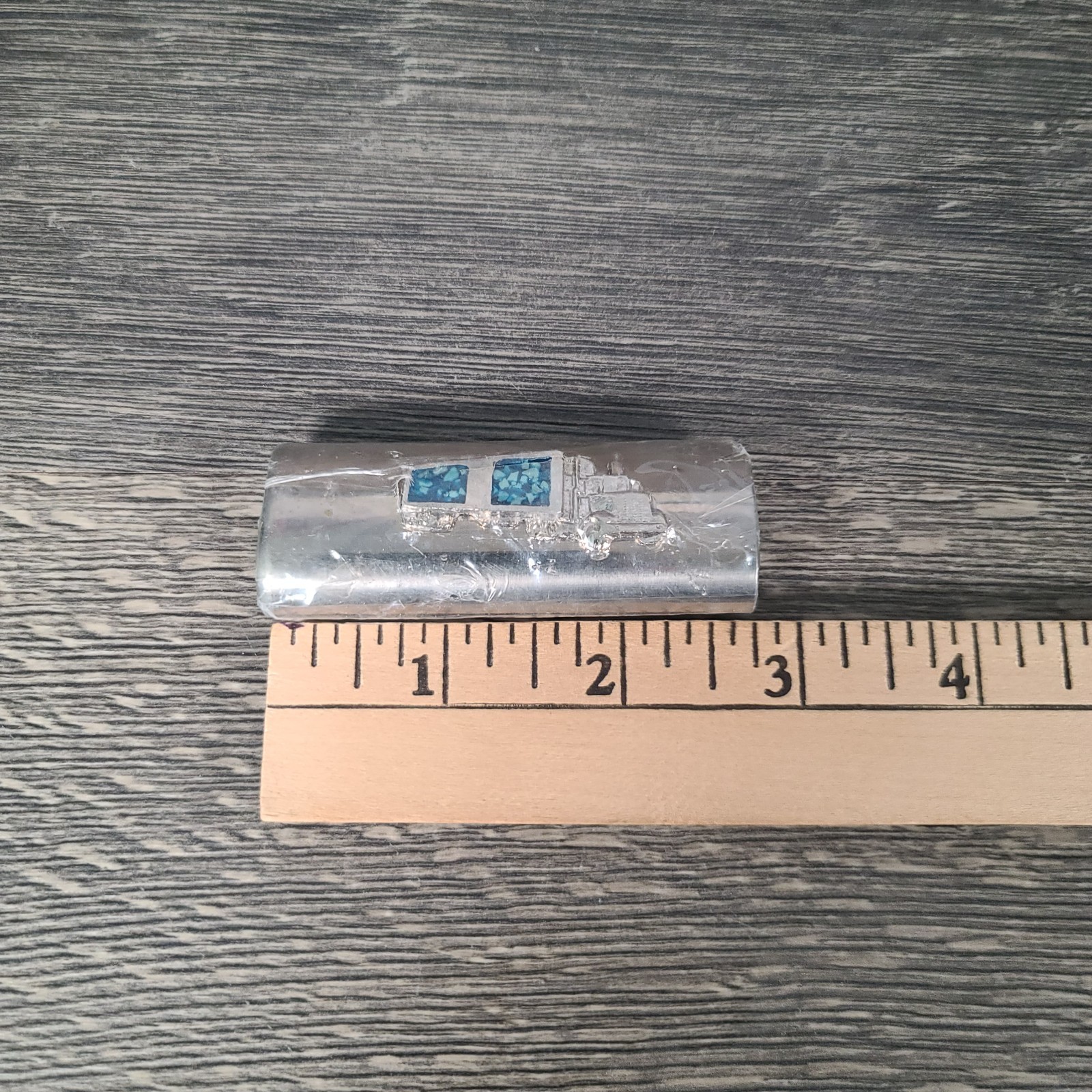 Vintage Silver Tone TRACTOR TRAILER Turquoise LIGHTER Cover Sleeve Case For Bic