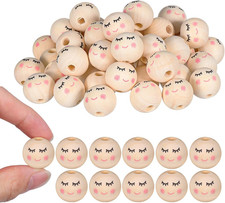 50Pcs Wooden Beads with Faces, 20Mm Smile Face Beads for DIY, Doll Head Wood wit