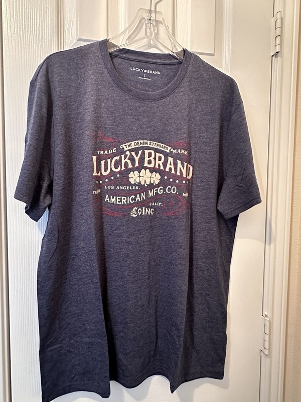 lucky brand men’s graphic tee small blue logo cotton polyester rayon new