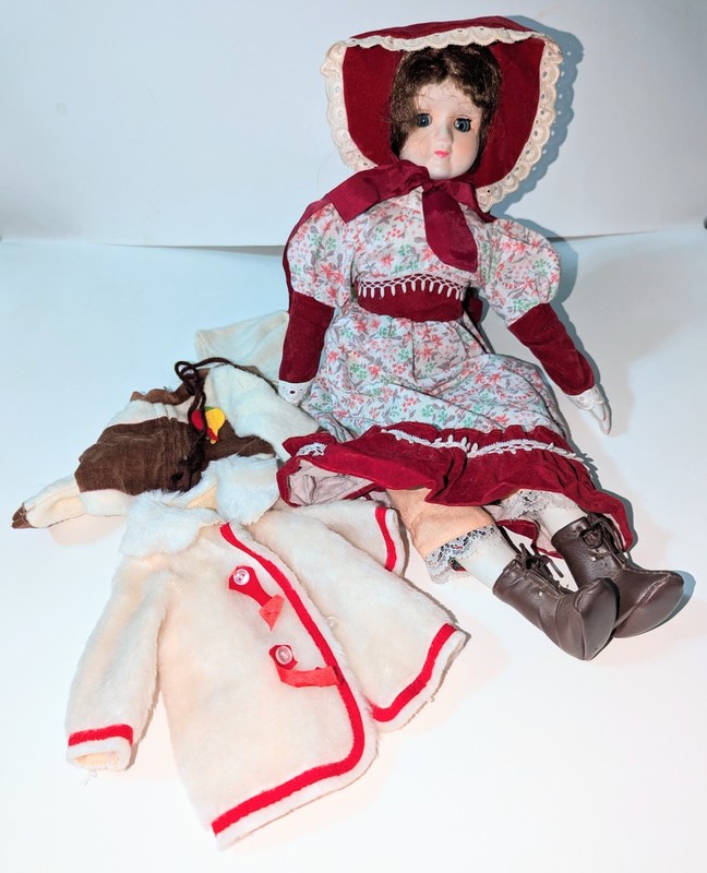 Vintage Victorian Doll, Porcelain and Cloth; Coat, Jacket, Dress, Boots, Bonnet