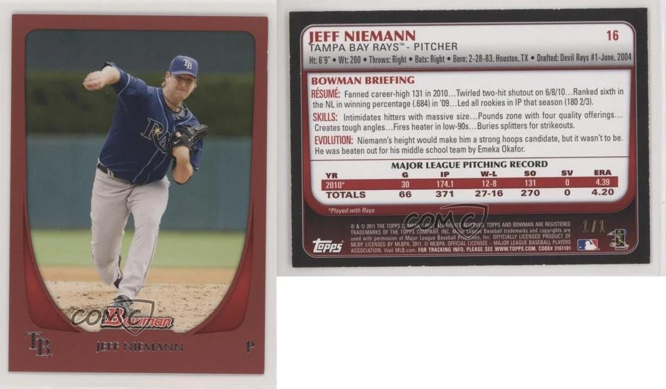 2011 Bowman Red 1/1 Jeff Niemann #16 6i1 - Image 3 of 3
