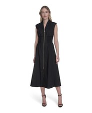 Vince Camuto Cotton Zip-Front Midi Dress Women's 12 Black Sleeveless V-Neck