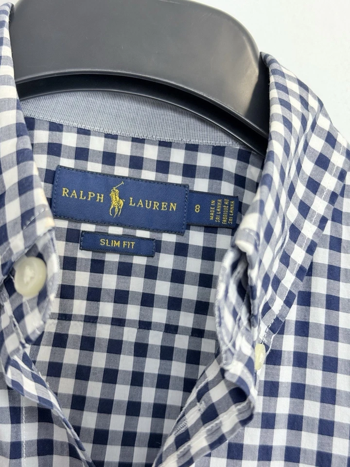 全新 Ralph Lauren 女式 8 修身纽扣衬衫海军蓝白色格子 — 第 4/4 张图片