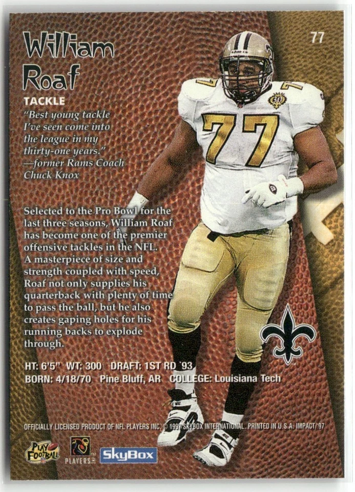 1997 SKYBOX IMPACT WILLIE ROAF NEW ORLEANS SAINTS #77 - Image 2 of 3