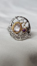 Sterling Silver 925 Two Toned ROSE QUARTZ and AMETHYST Artisan Ring Size 7