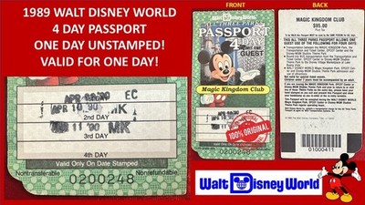1989 Walt Disney World 4 DAY PASSPORT TICKET - ONE DAY LEFT - STILL VALID COA M2