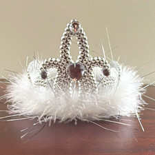 Princess Crown Tiara Headband White Faux Fur Silver Rhinestones Padded Formal