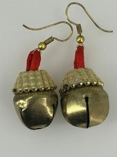 Jingle Bell Dangle Earrings 1.75 Inch Drop Gold Tone with Red Ribbon Christmas