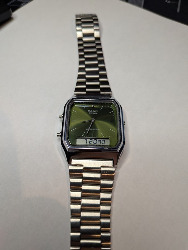 Casio Vintage Analog Digital Green Dial Dual Time Unisex Watch AQ-230A-3AMQY