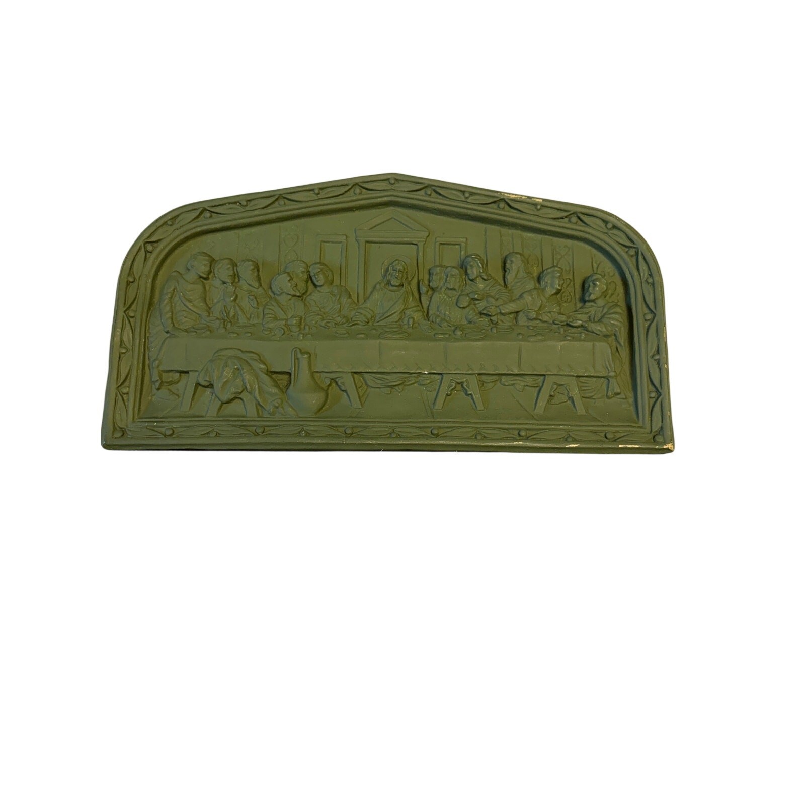 Last Supper Wall Plaque Vintage Religious Chalkware Syroco Style Green 15”