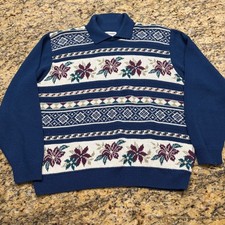 Alfred Dunner Vintage Floral Fair Isle Polo Sweater Blue Large Made in USA v