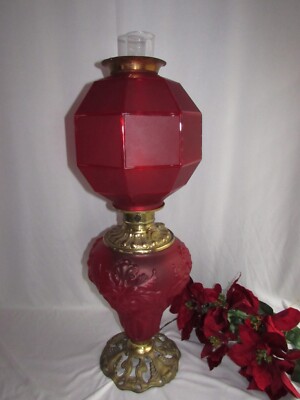 ANTIQUE PITTSBURG RED SATIN OIL LAMP ELECTRIFIED GWTW OCTAGON TOP  SHADE 27 1/2''