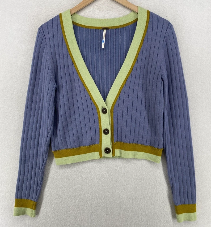 Suéter FREE PEOPLE S Cárdigan Recortado Algodón Acanalado Rayón Manga Larga Azul