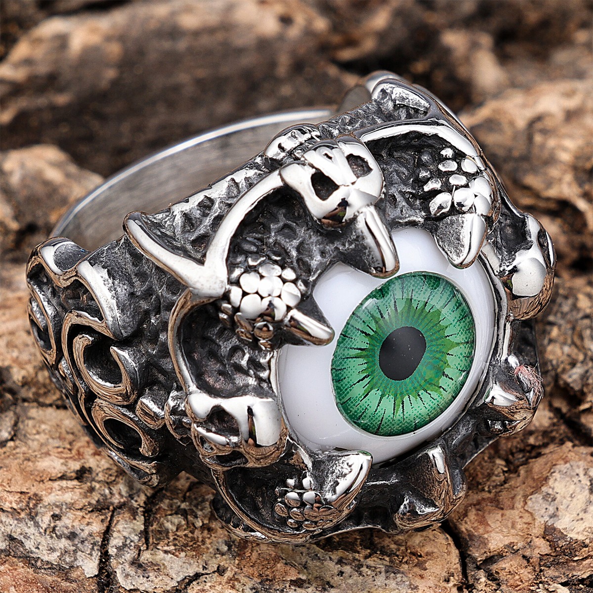 LINSION Men's Skull Ring - Blue & Green Eyes, 316L Stainless Steel, Sizes 8-14 - View #3