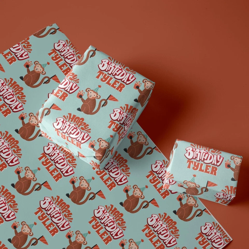 Nombre Personalizado Animal Fiesta Regalo Envoltura Mono Cumpleaños Envoltura Rollo de Papel 24" Foto 2 de 4