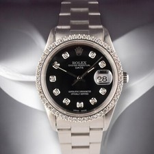 Rolex Date 34mm Ladies 1ct Prong Black Diamond Dial Steel Watch 15000