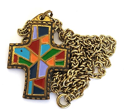VTG 1960 s TSG Terra Santa Guild Enameled Brass Pendant w chain
