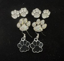 Paw Print Stud Earrings and Dangle Earrings Set of Four Silver/White
