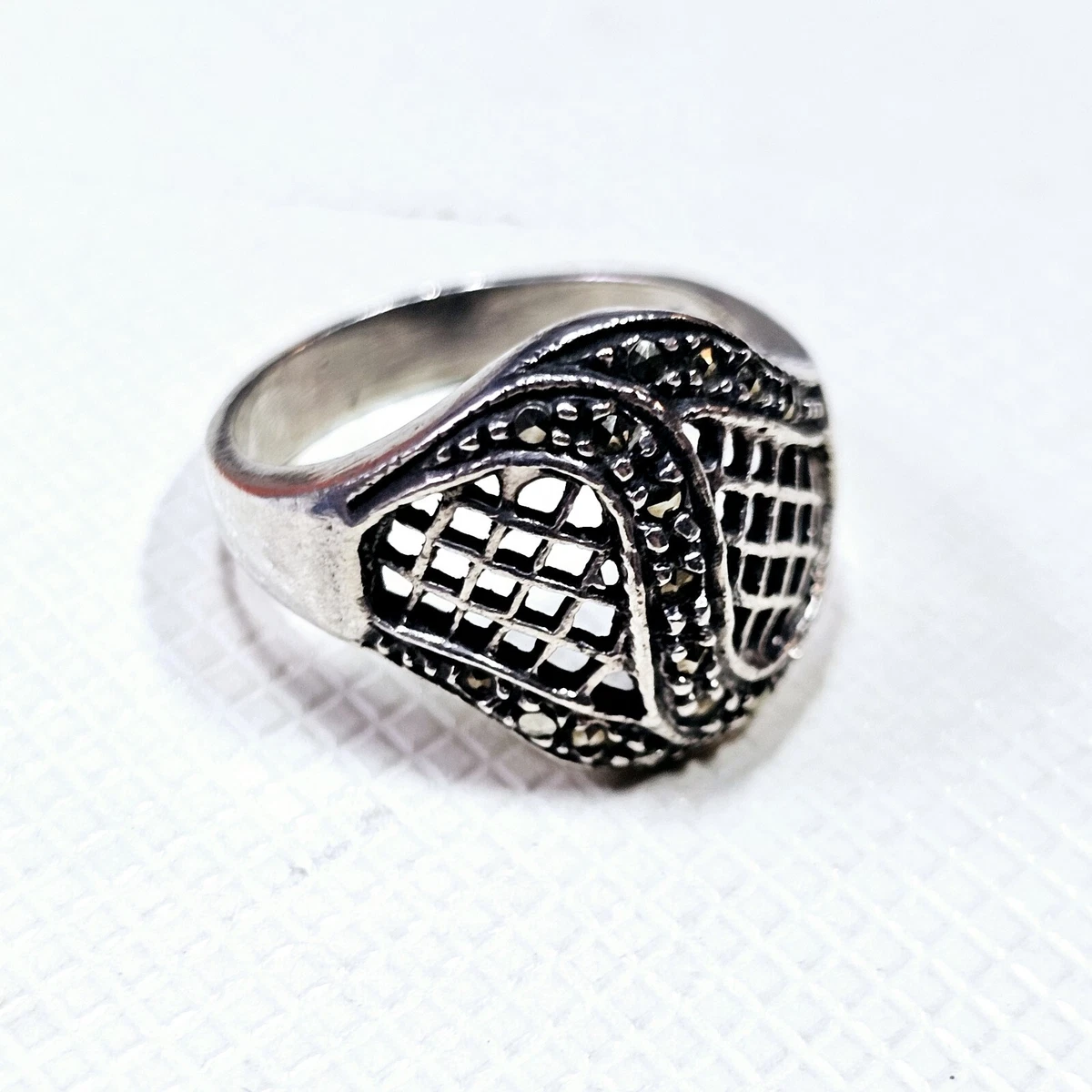 Bague Ancienne En Argent Massif 925 Avec Marcassites – Alliance Solitaire Créateur