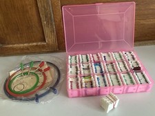 Mixed Lot Embroidery Thread, Hoops, Bobbins, Case, Tablecloth w Printed Pattern