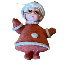 Christmas Mrs. Claus Ornament 4” tall Plastic Vtg Flocked Mrs Santa