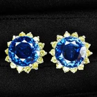 Elegant Royal Blue Sapphire 14.20Ct 925 Sterling Silver White Gold Halo Earrings