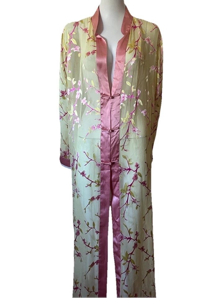 Dreamsacks Silk Night Gown & Sheer Kimonos Yellow Pink Cherry Blossom Size L - Image 2 of 4