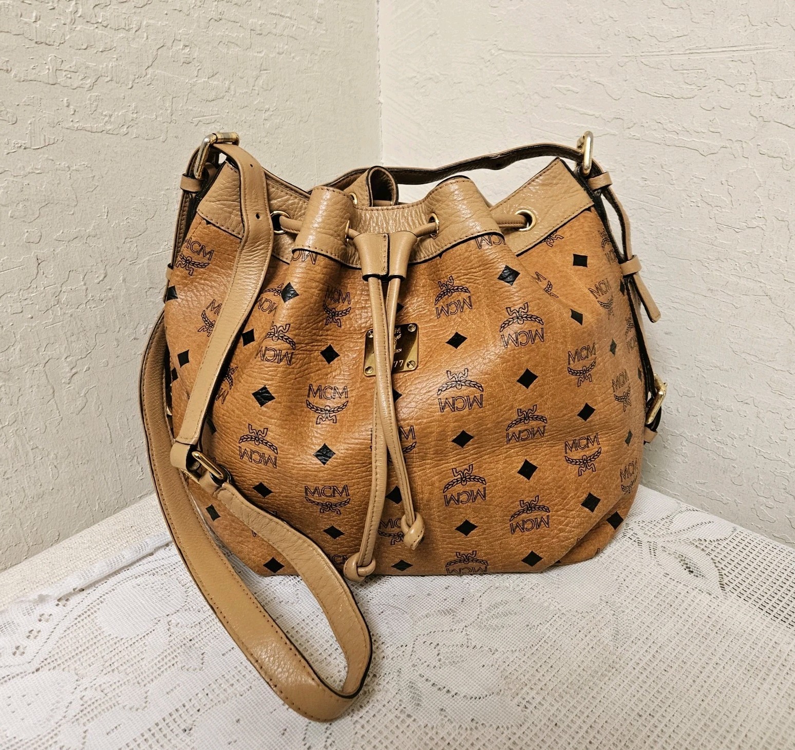 MCM Cognac Medium Drawstring Bucket Shoulder Bag … - image 1