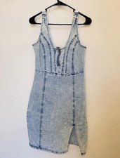 GUESS Denim Sleeveless Zip-Front Bodycon Dress Light Blue Size L