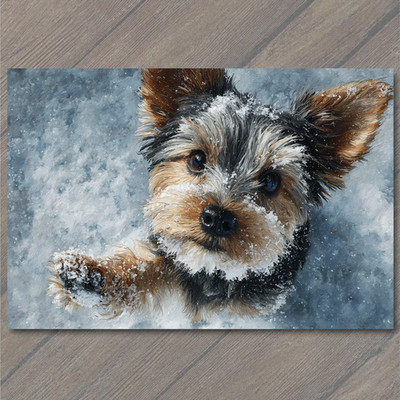 POSTCARD Snowy Puppy Yorkie Winter Paw Up Cute Fluffy Frosty Portrait