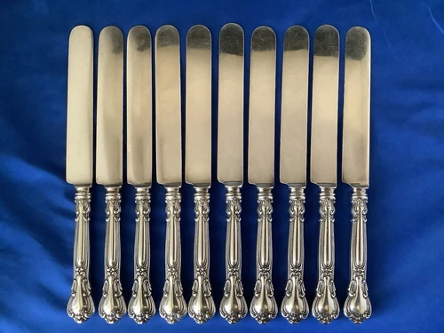 Set 10 Antique Sterling Gorham Chantilly 9-5/8” Dinner Knife Blunt Plated Blade