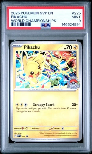 2025 POKEMON SVP EN-SV BLACK STAR PROMO WORLD CHAMPIONSHIPS #225 PIKACHU PSA 9
