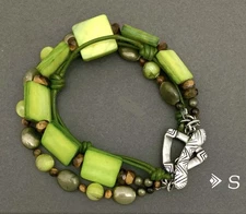 SILPADA Sterling Silver GREEN MOTHER of PEARL-TIGER’s EYE Beaded Bracelet~#B1132
