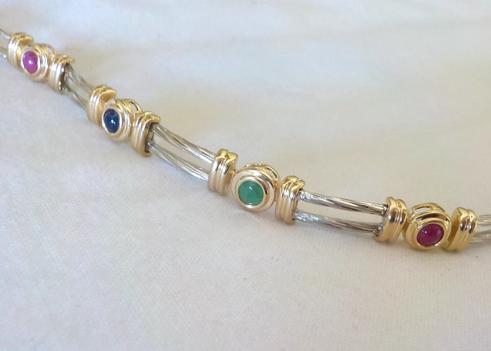 Heavy 14k Multi Gold Cable Sapphire Ruby Emerald Bracelet - 15.32 gms, 6.9 inch - Image 4 of 4