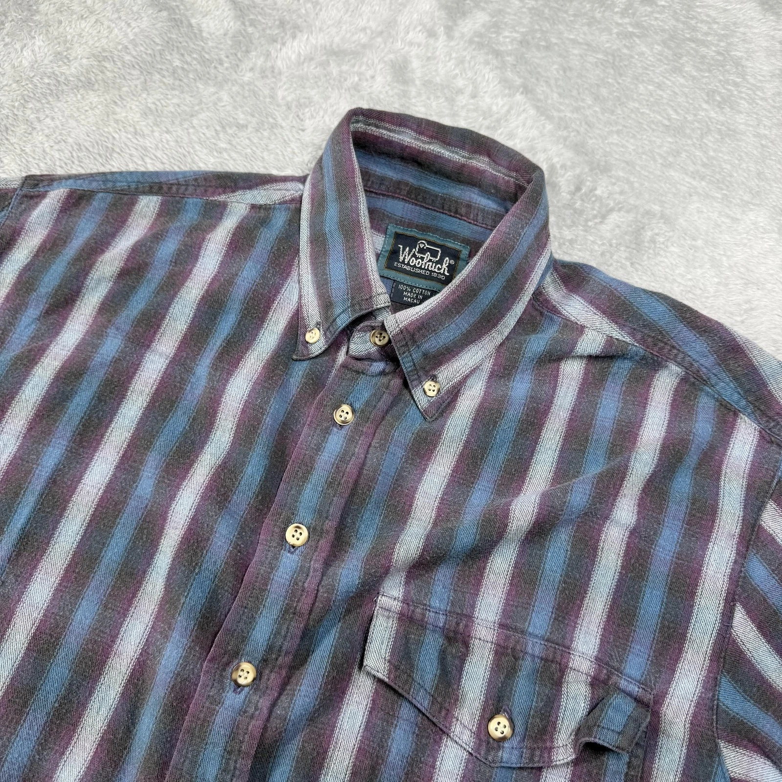 Vintage Woolrich Shirt Womens Medium Blue Purple Stripe Flannel Outdoor 90s