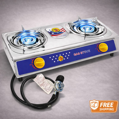 2 Burner Propane Stove Portable Camping Cooktop Auto Ignition w Hose