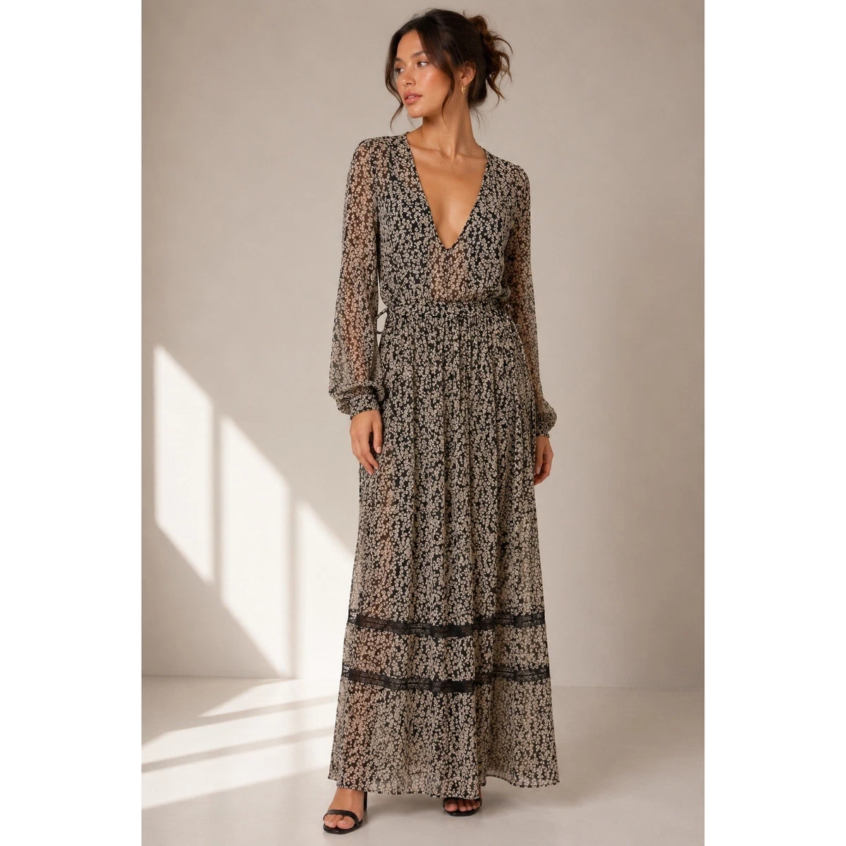 zara floral long sleeve maxi dress ZARA WOMAN FLORAL PRINT MIDI DRESS Long sleeves GREEN 2183/072 XS S M L XL  NWT