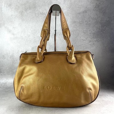 LOEWE Tote Bag Heritage Leather Logo Embossed Shoulder Handbag Gold 29x38x11cm